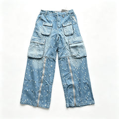 Distressed Denim Cargo Pants, Wide Leg Baggy Jeans with Side Zippers, Light Blue Washed Streetwear Trousers, Unisex Y2K Grunge Aesthetic, Multi-Pocket Utility Pants