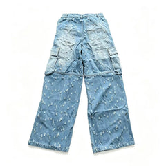 Distressed Denim Cargo Pants, Wide Leg Baggy Jeans with Side Zippers, Light Blue Washed Streetwear Trousers, Unisex Y2K Grunge Aesthetic, Multi-Pocket Utility Pants