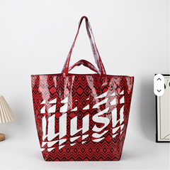 Laminated PP Woven Tote Bag, Ethnic Geometric Pattern Printed Reusable Shopping Bag, Heavy Duty Waterproof Woven Gift Tote with Custom Printed Handles