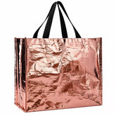 Metallic Rose Gold Laminated PP Woven Tote Bag, Shiny Foil Woven Reusable Gift Shopping Bag, Custom Logo Tote For Party & Cosmetic Store