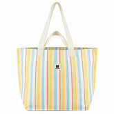Striped Cotton Canvas Tote Bag, Pastel Vertical Stripe Printed Canvas Shopping Bag, Woven Label Decor Canvas Handbag for Beach & Daily Use