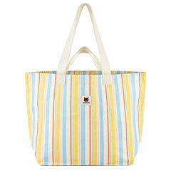 Striped Cotton Canvas Tote Bag, Pastel Vertical Stripe Printed Canvas Shopping Bag, Woven Label Decor Canvas Handbag for Beach & Daily Use