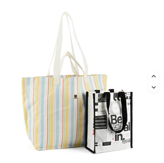 Striped Cotton Canvas Tote Bag, Pastel Vertical Stripe Printed Canvas Shopping Bag, Woven Label Decor Canvas Handbag for Beach & Daily Use