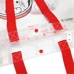 Semi-transparent Laminated PP Woven Tote Bag, Cute Cartoon IP Printed Reusable Shopping Bag, Red Webbing Handle With Snap Button Custom Logo Gift Bag