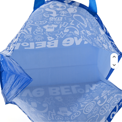 Royal Blue Laminated PP Woven Tote Bag, Full Print Doodle Cartoon Reusable Shopping Bag, Heavy Duty Webbing Handle Large Capacity Custom Logo Gift Tote