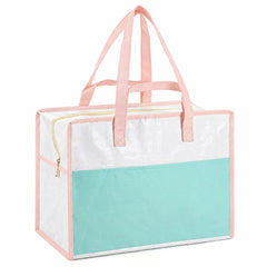 Color Block Laminated PP Woven Tote Bag With Front Pocket & Zipper, Large Capacity Reusable Storage Shopping Bag, Custom Logo Gift Tote