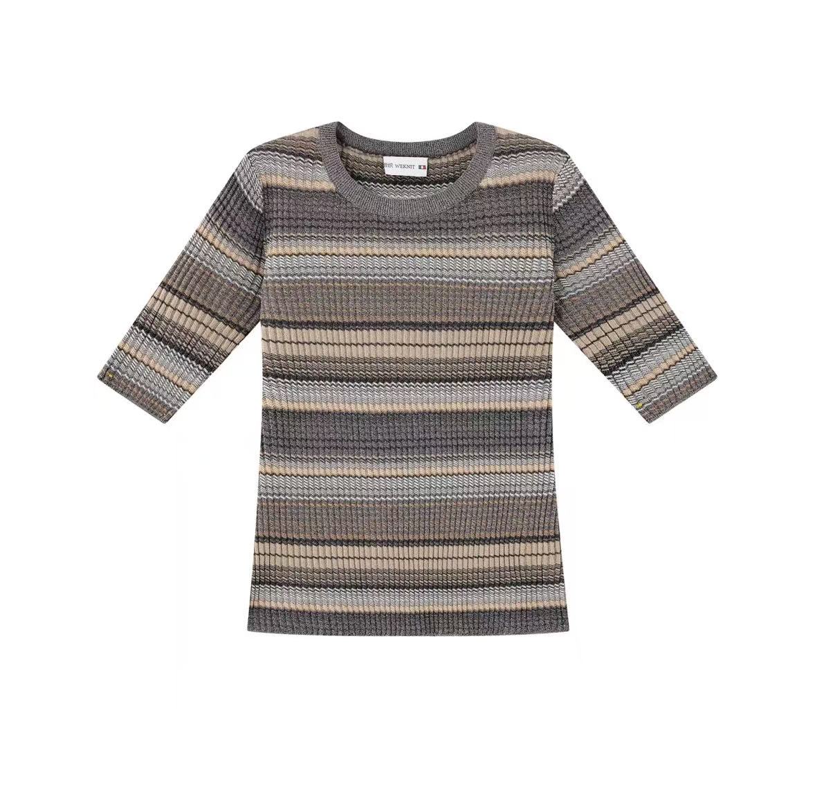 「Yubai」Striped Textured Knit Mid-Sleeve Top