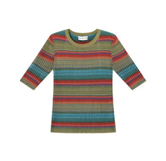 「Yubai」Striped Textured Knit Mid-Sleeve Top