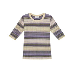 「Yubai」Striped Textured Knit Mid-Sleeve Top