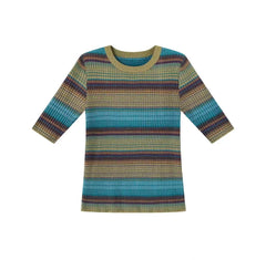 「Yubai」Striped Textured Knit Mid-Sleeve Top