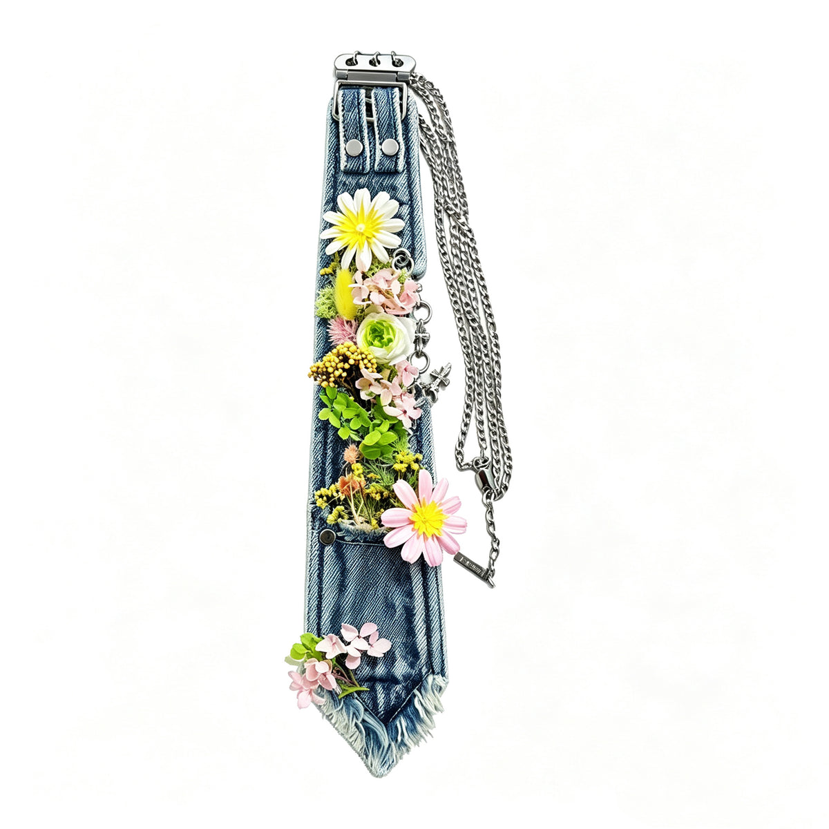 Vintage Denim Tie with Real Dried Flower Arrangement, Handmade Wedding Bridal Necktie, Boho Floral Denim Accessory, Bridesmaid Groomsmen Gift