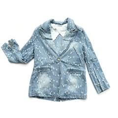 Distressed Denim Blazer Jacket, Oversized Textured Denim Suit Coat, Light Blue Washed Casual Outerwear, Streetwear Aesthetic, Unisex Loose Fit, Y2K Grunge Style, Unique Frayed Design