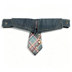 Denim & Plaid Pet Necktie Collar | Handmade Wedding Dog Cat Collar with Pearl Detail | Western/Country Wedding Pet Accessory Description