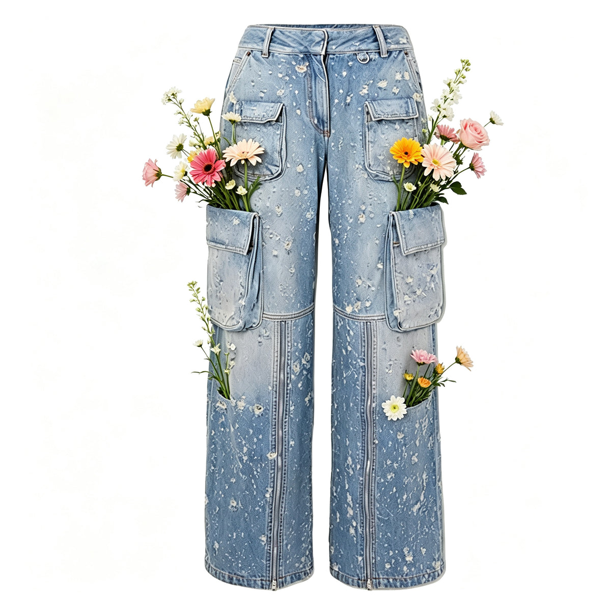 Distressed Denim Cargo Pants, Wide Leg Baggy Jeans with Side Zippers, Light Blue Washed Streetwear Trousers, Unisex Y2K Grunge Aesthetic, Multi-Pocket Utility Pants