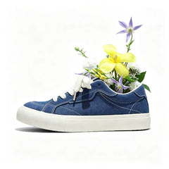 Navy Blue Denim Skate Sneakers, Unisex Low Top Streetwear Shoes, Vintage Washed Canvas Trainers, Chunky White Laces, Casual Y2K Aesthetic Footwear