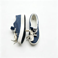 Navy Blue Denim Skate Sneakers, Unisex Low Top Streetwear Shoes, Vintage Washed Canvas Trainers, Chunky White Laces, Casual Y2K Aesthetic Footwear