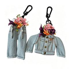 Mini Denim Outfit Keychain Set, Tiny Jean Jacket & Pants Bag Charm, Denim Wedding Favors, Bridesmaid Gift, Floral Boho Wedding Accessory, Western Cowgirl Wedding Keepsake, Baby Denim Bag Pendant