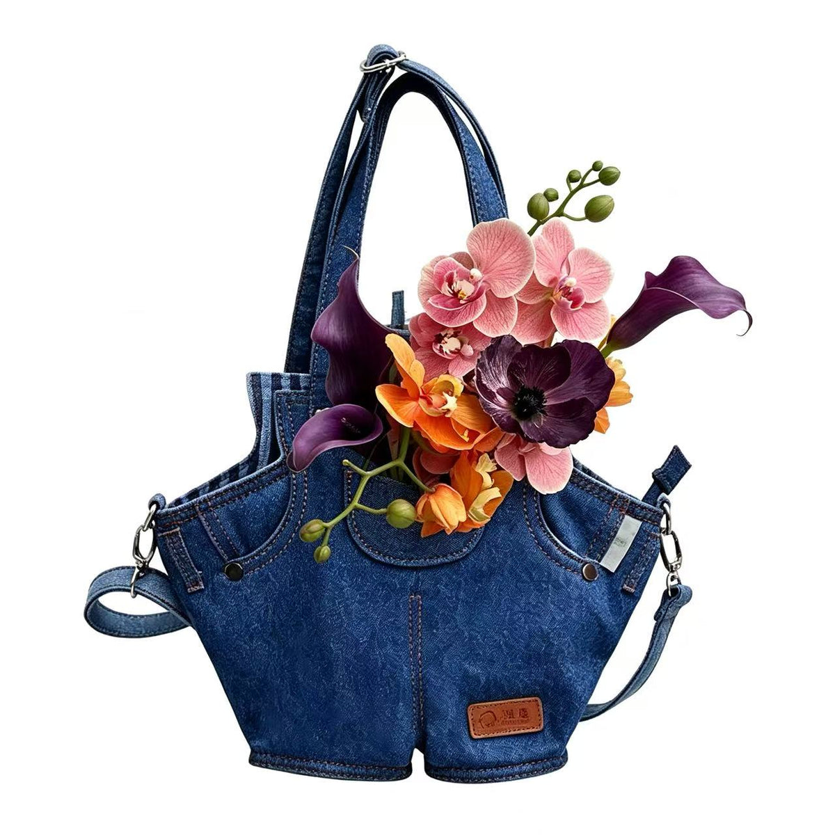 Denim Pants Shaped Mini Tote Bag, Western Cowgirl Wedding Bridesmaid Gift, Rustic Denim Wedding Floral Purse, Country Wedding Favor, Boho Jeans Handbag for Bride & Bridal Party