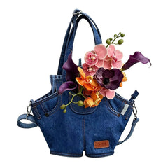 Denim Pants Shaped Mini Tote Bag, Western Cowgirl Wedding Bridesmaid Gift, Rustic Denim Wedding Floral Purse, Country Wedding Favor, Boho Jeans Handbag for Bride & Bridal Party