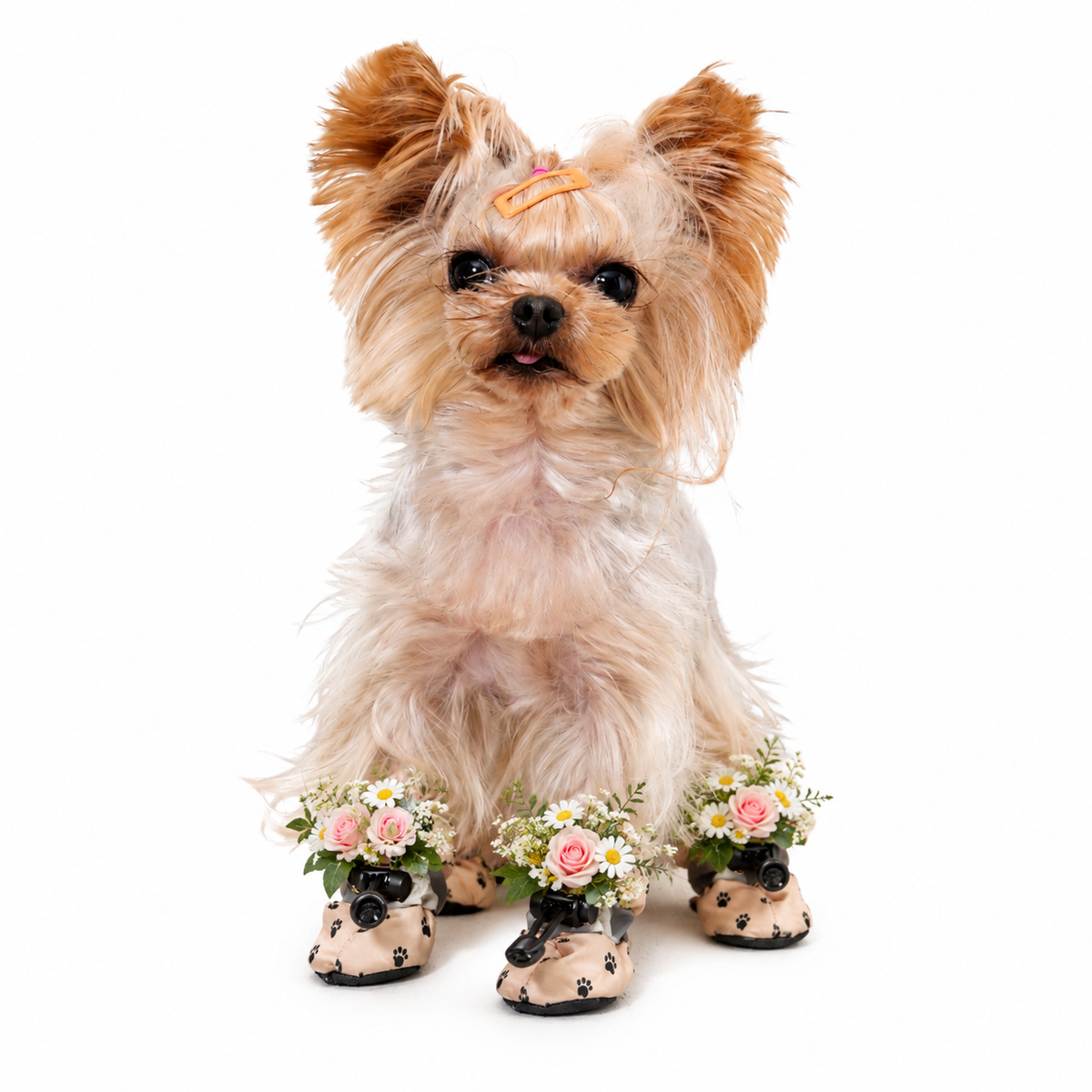 Denim Wedding Dog Booties with Floral Arrangement | Yorkie Formal Pet Shoes
