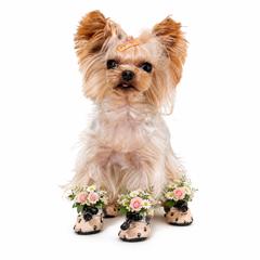 Denim Wedding Dog Booties with Floral Arrangement | Yorkie Formal Pet Shoes