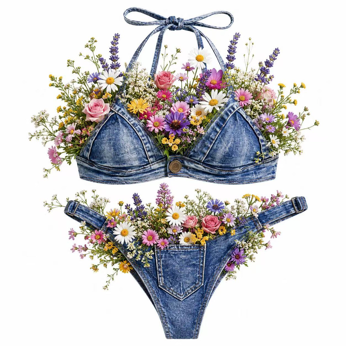 Denim Wildflower Bridal Bikini Set | Western Cowgirl Wedding Lingerie | Boho Rustic Elopement Floral Jean Swimwear | Country Farm Bachelorette Outfit | Outdoor Wedding Bride Underwear