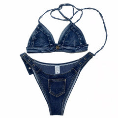 Denim Wildflower Bridal Bikini Set | Western Cowgirl Wedding Lingerie | Boho Rustic Elopement Floral Jean Swimwear | Country Farm Bachelorette Outfit | Outdoor Wedding Bride Underwear