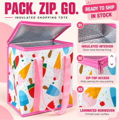 Reusable Insulated Laminated Non Woven Cooler Tote Bag, Cartoon Printed Thermal Lunch Bag with Zipper for Food Storage, Shopping & Picnic