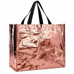 Metallic Rose Gold Laminated PP Woven Tote Bag, Shiny Foil Woven Reusable Gift Shopping Bag, Custom Logo Tote For Party & Cosmetic Store