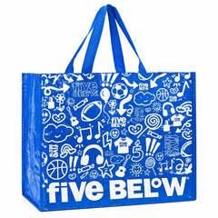 Royal Blue Laminated PP Woven Tote Bag, Full Print Doodle Cartoon Reusable Shopping Bag, Heavy Duty Webbing Handle Large Capacity Custom Logo Gift Tote