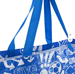 Royal Blue Laminated PP Woven Tote Bag, Full Print Doodle Cartoon Reusable Shopping Bag, Heavy Duty Webbing Handle Large Capacity Custom Logo Gift Tote